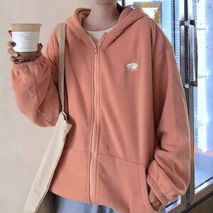 yesstyle bear embroidered fleece peach zip up hoodie | womens hoodies jackets